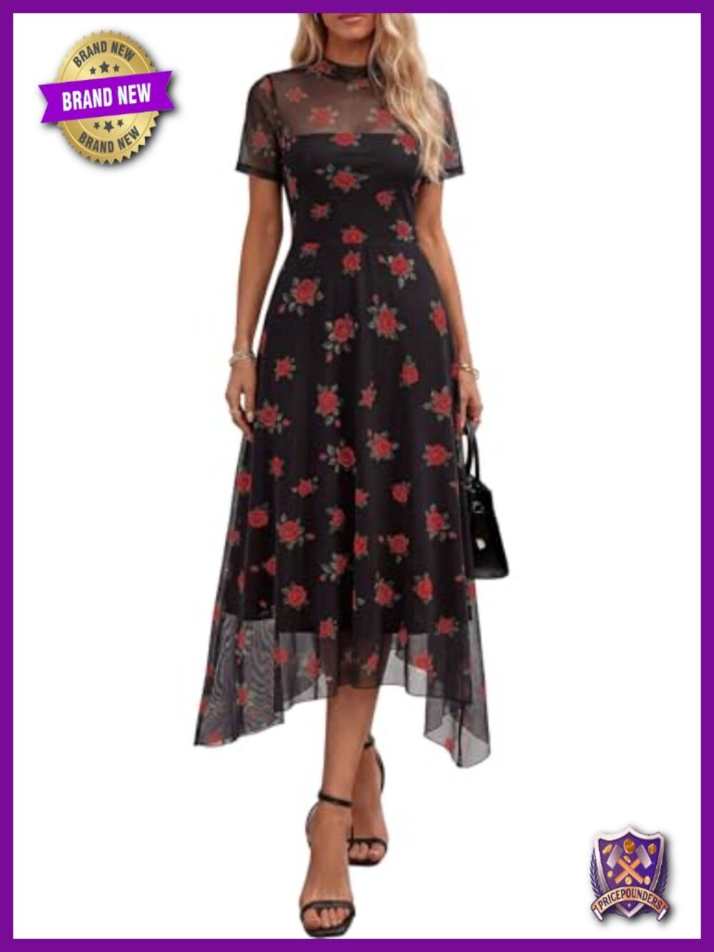Floral Mesh Midi Dress Short Sleeve Mock Neck A-Line Fit & Flare Sheer Overlay